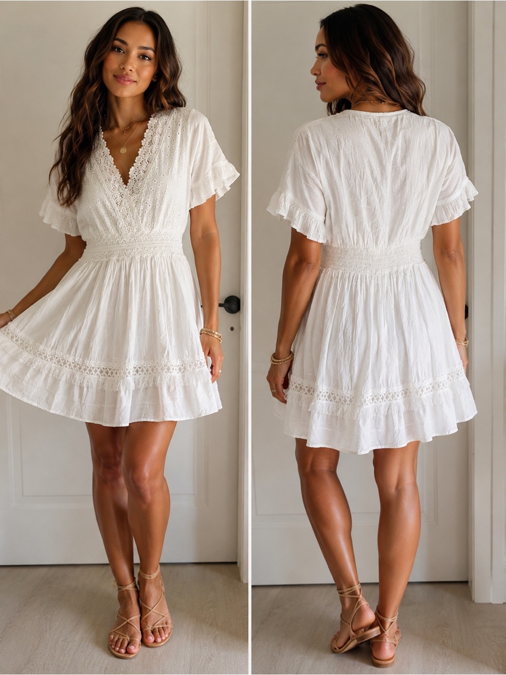 White Lace Trim V-Neck Smocked Waist Dress